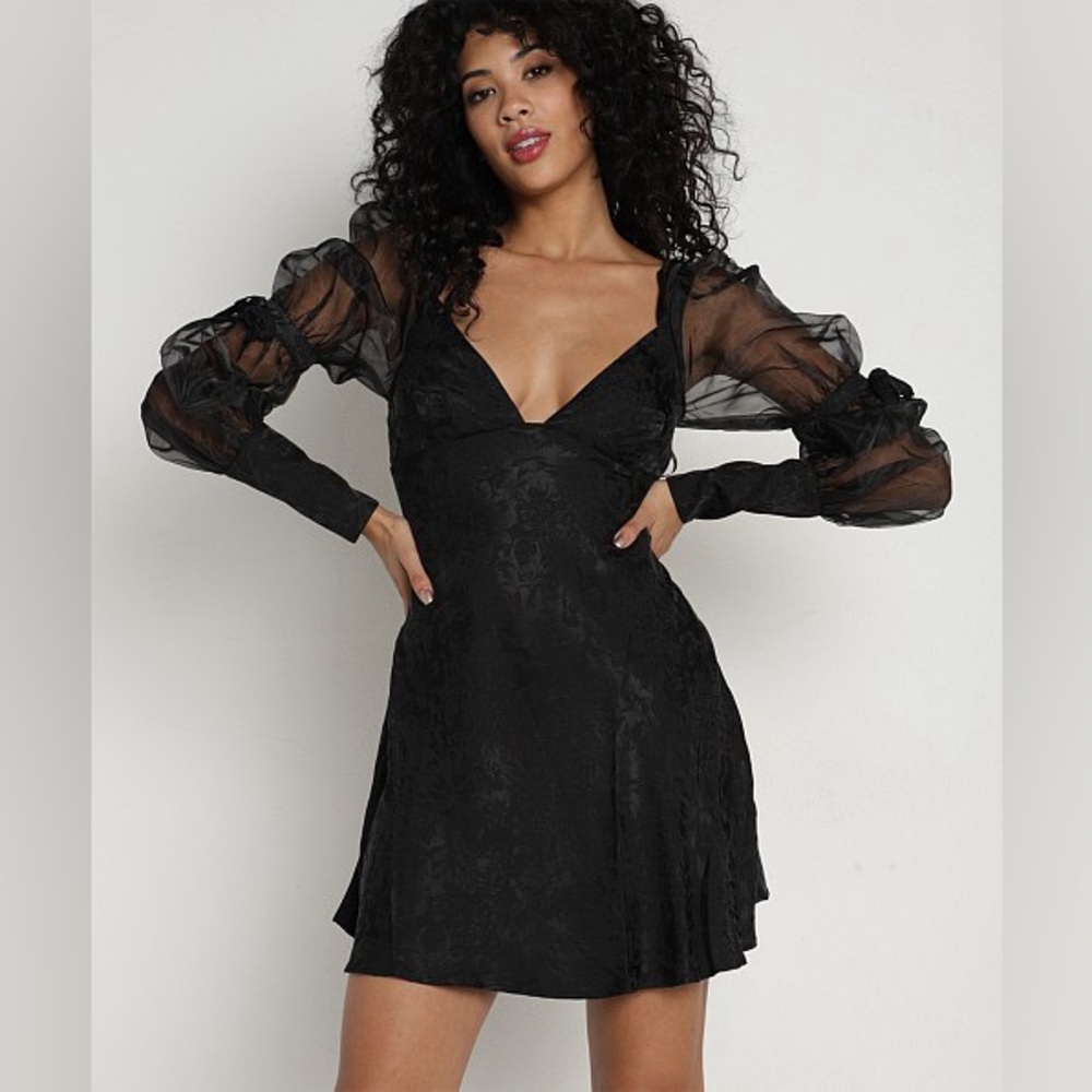 For Love & Lemons Gabrielle Puff Sleeve Mini Dress Black Size L NWT 230$